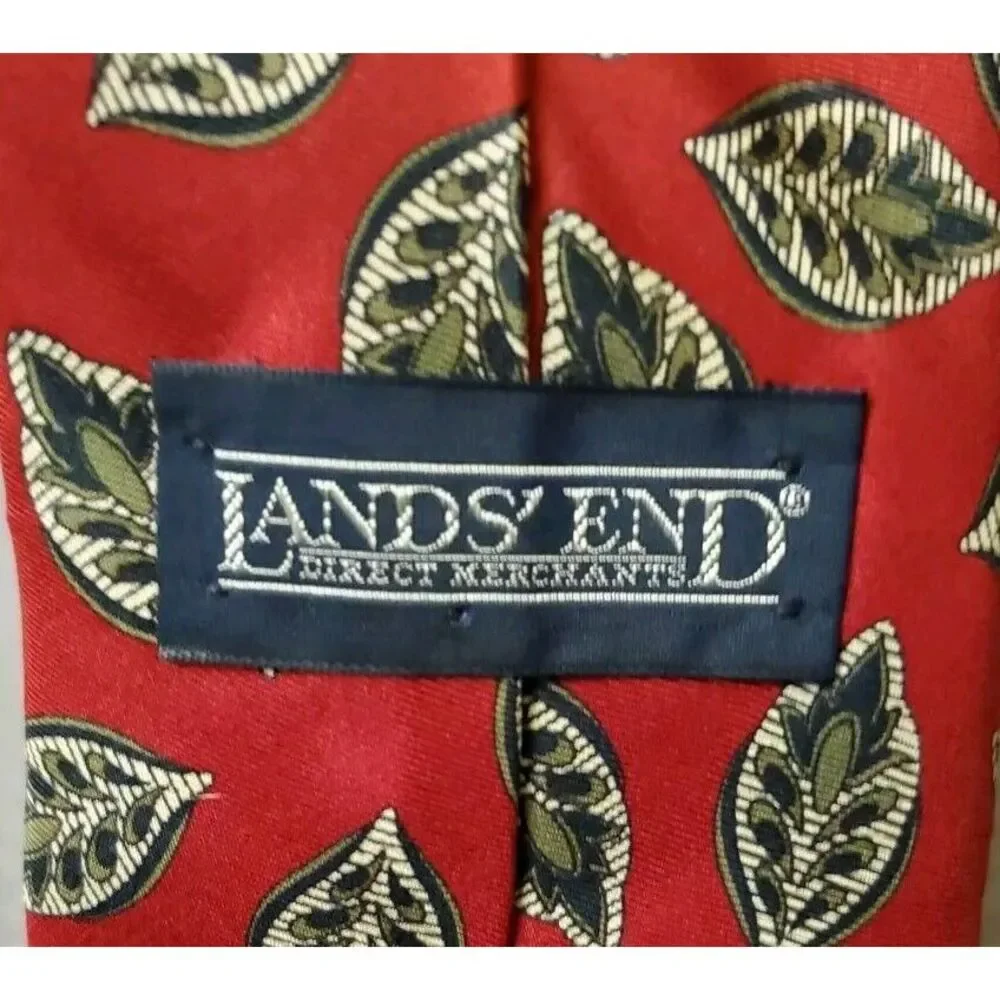 Lands' End Direct Merchants Luxury Tie Red Leafy‎ Printed Silk Necktie